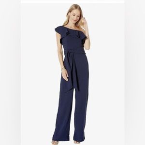 LILLY PULITZER Navy Blue LYRA One Shoulder Ruffle Tie Crepe Jumpsuit